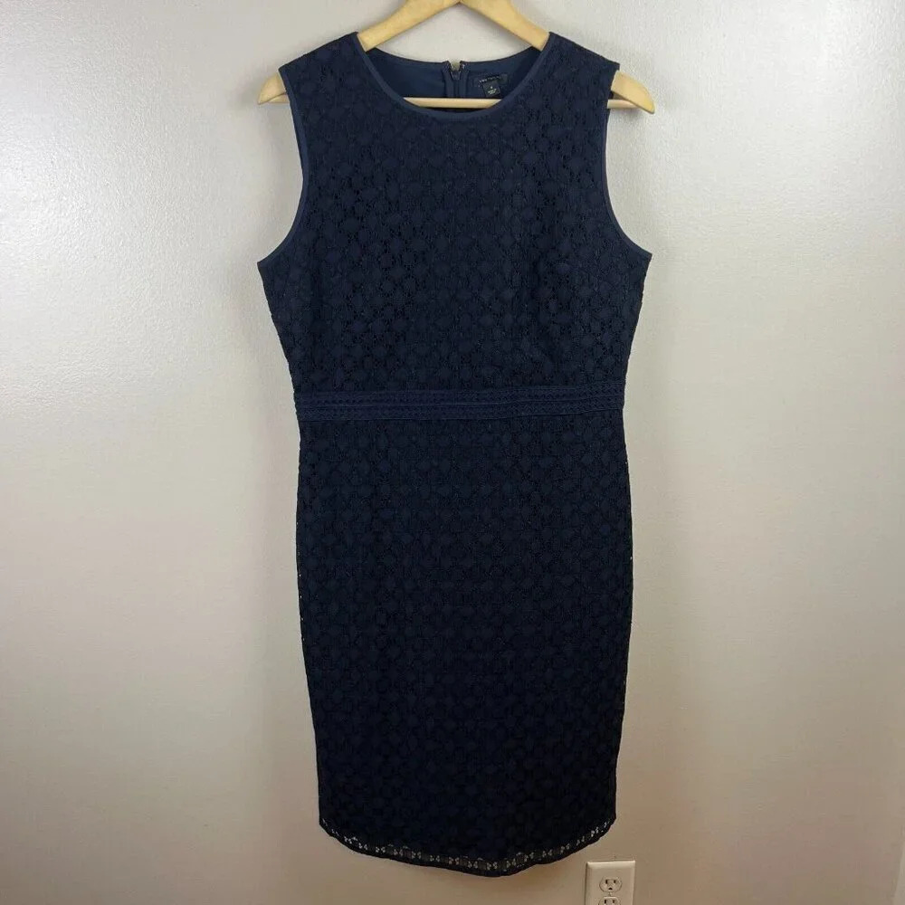Ann Taylor Lace Sheath Dress Size 10 Navy Blue Work Career Office Professional